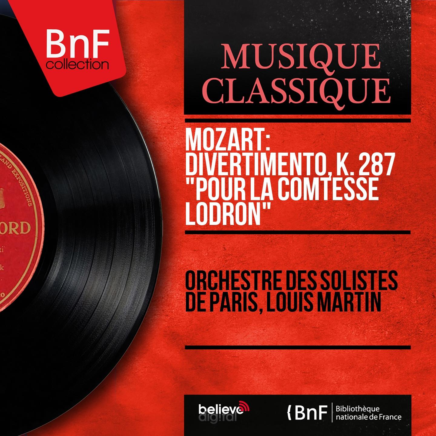 Постер альбома Mozart: Divertimento, K. 287 "Pour la comtesse Lodron" (Mono Version)